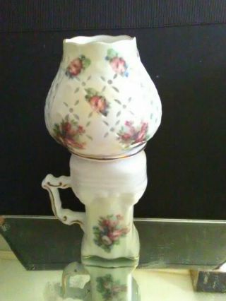 Vintage 7.  5 " Porcelain Oil Lamp White W/ Gold Trim,  Roses & Diamond Cutout Japan