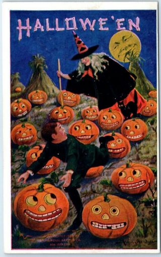 Vintage Artist - Signed Wall Halloween Postcard Witch Boy Pumpkin Patch Jols