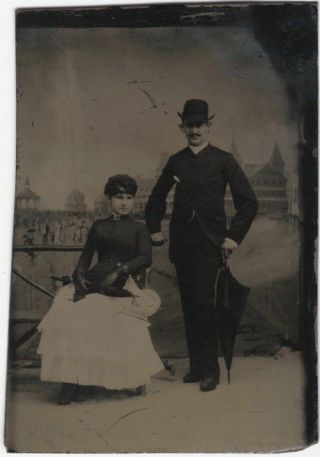 Fashionable Victorian Gentleman & Lady With Umbrellas Studio Tintype @ Seaside