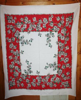 Vintage Cotton Tablecloth Red/white With Dogwood Flowers 46 " X 54