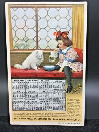 Postcard 1910 Prudential Insurance Co.  Calendar Girl Blowing Bubbles With Dog