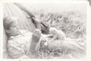1980s Handsome Teen Boy Man Playing W/ Kitten Cat Old Soviet Russian Photo
