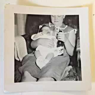 Vintage Black White Photo Mother Lady Holding Baby Crying Goebel Beer Bottle Wow