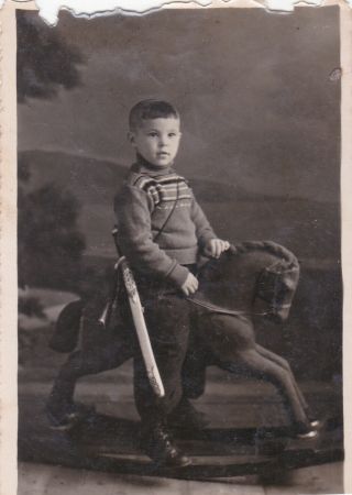 1940s Cute Little Boy On Rocking Horse W/ Sword Toy Old Soviet Russian Photo