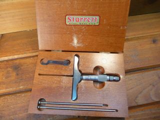 Vintage Starrett 445 Depth Micrometer Gauge In Wood Case