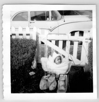 Vintage Photo African American Baby In Stroller By Fence And Old Car March 1966