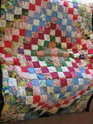 Vintage Hand Sewn Patchwork Quilt - Colorful Prints - Diamond Pattern