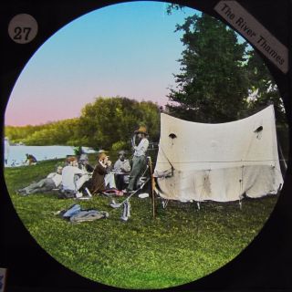 Glass Magic Lantern Slide Camping Out C1890 Photo On River Thames