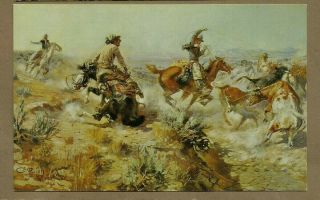 Postcard From Painting/ Artist Charles M.  Russell/ " Jerked Down " /cowboys/horses