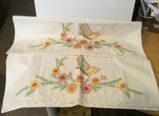 2 Vintage Embroidered Needlepoint Standard Pillowcases Flower Basket Butterfly