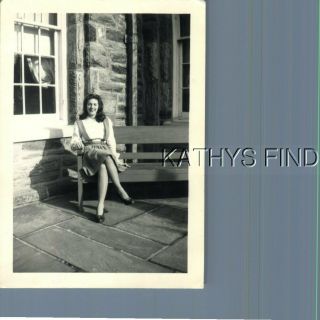 Found B&w Photo A,  0710 Pretty Woman In Dress Sitting On Bench With Legs Crossed