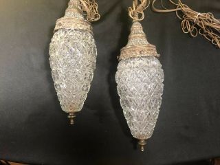 2 Vintage Mcm Swag Lamp Teardrop Diamond Quilt Glass Light Globes Clear Read