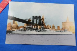 Old Navy Uss West Virginia Bb - 48 Ship Passing Under Brooklyn Bridge Ny Postcard