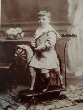 Vintage Cabinet Photo Young Boy Riding Toy Horse