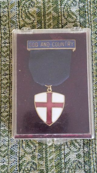 Vintage " God And Country " Boy Scout Award Medal Pin With Case And Card