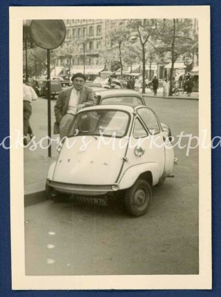 Velam French Micro Car On Street Paris France,  1957 Vintage Snapshot,  Photo