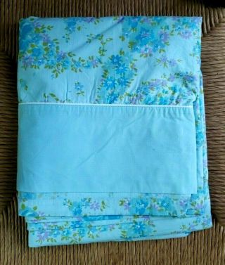 Vintage Mohawk Blue 100 Cotton Floral Full Flat Sheet 81 X 108