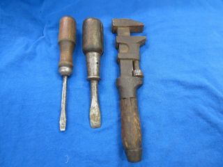3 Piece Vintage Tool Set,  1 Adjustable Wrench And 2 Screwdrivers