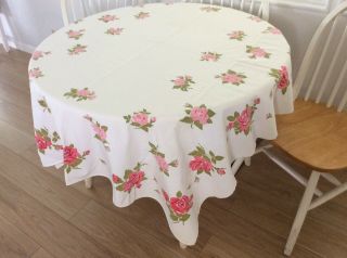 Vintage 1950/60s Tablecloth,  White With Pink Roses