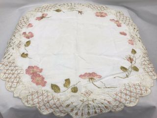 Antique Vintage Embroidered Round Table Top Linen,  21 " Diameter