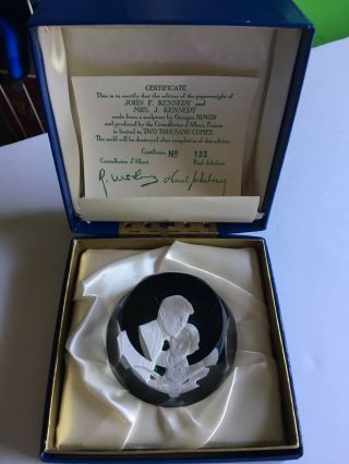 President John F.  Kennedy & Jackie Green Baccarat Cut Crystal Paperweight & Box