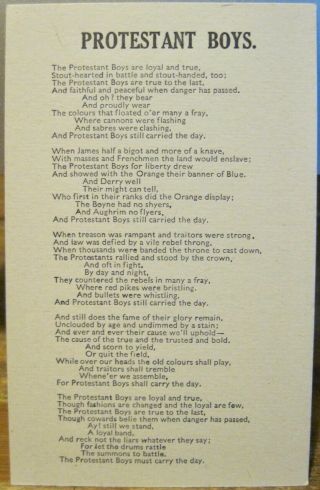 Vintage Postcard Protestant Boys Orangemen Scots Irish Song Matte Lyrics Ireland