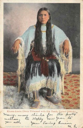 Kiowa - Annie Elk Teeth Dress Native American Indian Woman 1906 Vintage Postcard