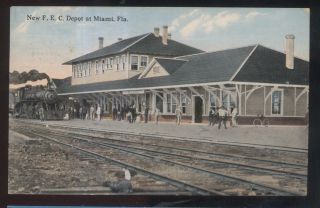 Postcard Miami Fl F.  E.  C.  Railroad Train Depot Station W/locomotive 1907?