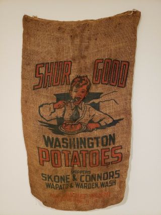 Vtg Burlap Sack Bag 100 Lb Shur Good Washington Potatoes Wapato & Warden Wa