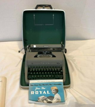Vintage 1950s Royal Aristocrat Portable Typewriter W/ Case Green Key - Good