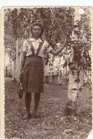 1949 Pretty Young Woman Girl W/ Purse Birch Tree In Siberia Soviet Russian Photo