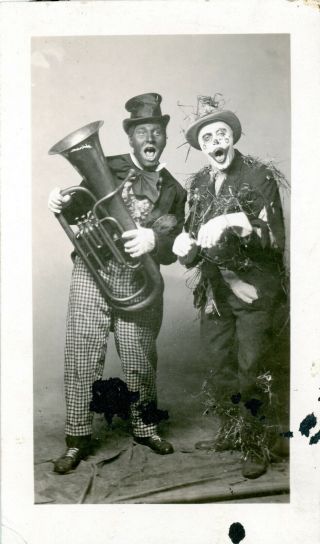 Vintage B/w Photo - Two Men In Clown Costumes - Scarecrow & Black Face Clowns