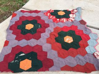 Vintage Hand Quilted Early Fabrics (some Satin) Flower Garden Cutter Quilt Piece
