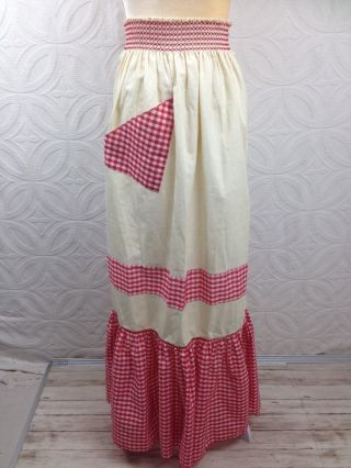Red & White Checkered Check Gingham Long Vintage Gathered Ruffled Half Apron