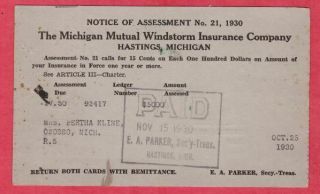 Hastings Michigan Mutual Windstorm Insurance Co Postcard Pm 1930 Mi Barry Co