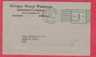 Hastings Michigan Mutual Windstorm Insurance Co postcard pm 1930 MI Barry Co 2