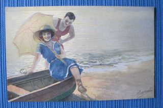 Guerzoni Vintage Postcard Couple On The Beach Art Deco Risque 1038 - 1