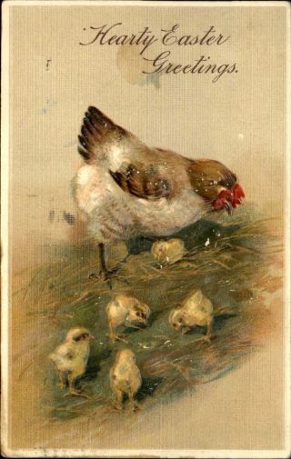 Easter Greetings Mother Hen Chicks Chicken Straw Pfb Mailed 1909
