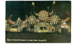 Coney Island Brooklyn Nyc Ny - Luna Park Entrance At Night - Postcard