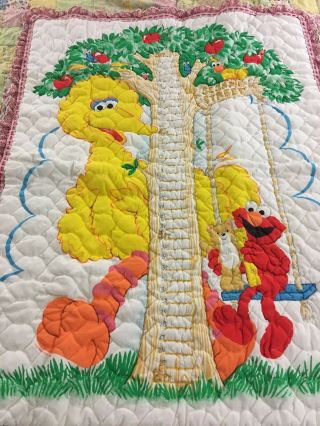 So Cute Vintage Handmade Big Bird & Elmo Quilt W Growth Chart 43 " X 34 "