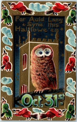 Vintage Gottschalk 2279 Halloween Postcard Owl / Tower " Auld Lang Syne " 1910