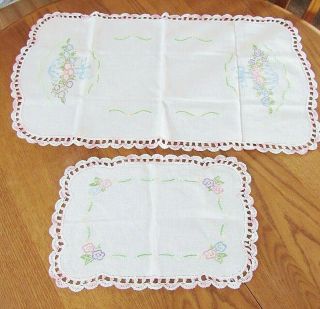 2 Pc Floral Basket Embroidered,  Pink,  White Scalloped Crochet Border Doilies