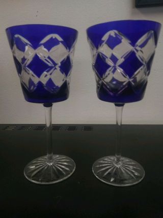 Ajka Crystal Diamond Cut To Clear Cobalt Blue Wine Glass Pair