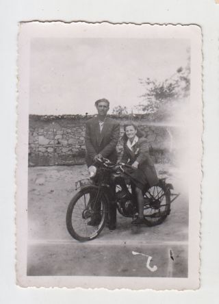 Charming Young Man And Pretty Lady Posing With Old Motorcycle Vintage Photo