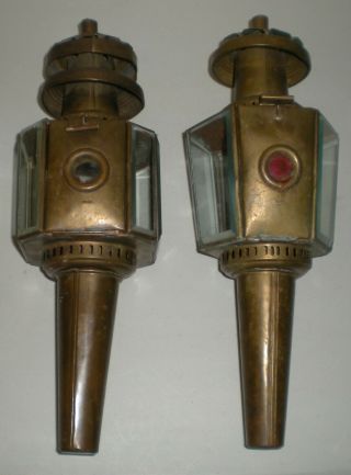 2 Vintage Oil Coach Carriage Lamp Lantern Lights Brass W/heavy Beveled Glass