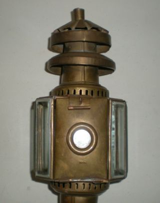 2 Vintage Oil Coach Carriage Lamp Lantern Lights Brass w/Heavy Beveled Glass 3