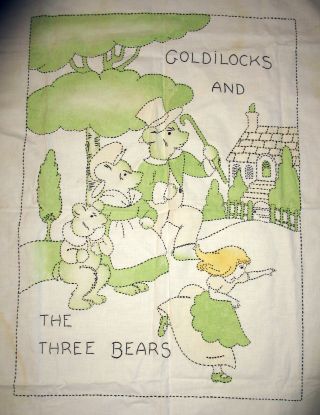 Vintage Goldilocks & The 3 Bears Embroidered Coverlet Quilt Topper Nursery Decor