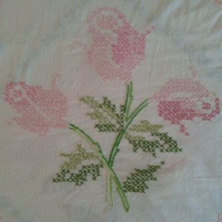 Vintage Hand Embroidered Linen Tablecloth Or Bedspread,  Pink Green Cross Stitch