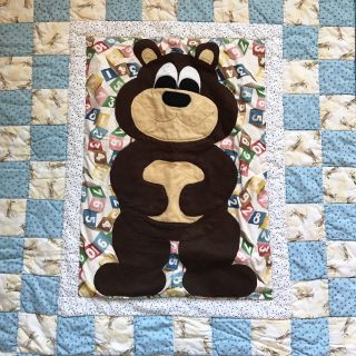 Bear Applique Crib Quilt Children Blanket Comforter Airplanes Numbers Cute 5