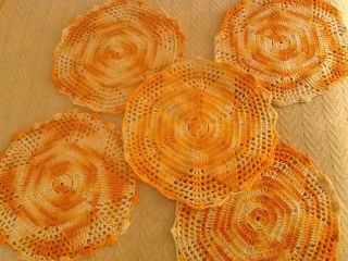 5 Vintage Variegated Orange Round 7.  5 " - 8 " Cotton Doilies Hand Crocheted